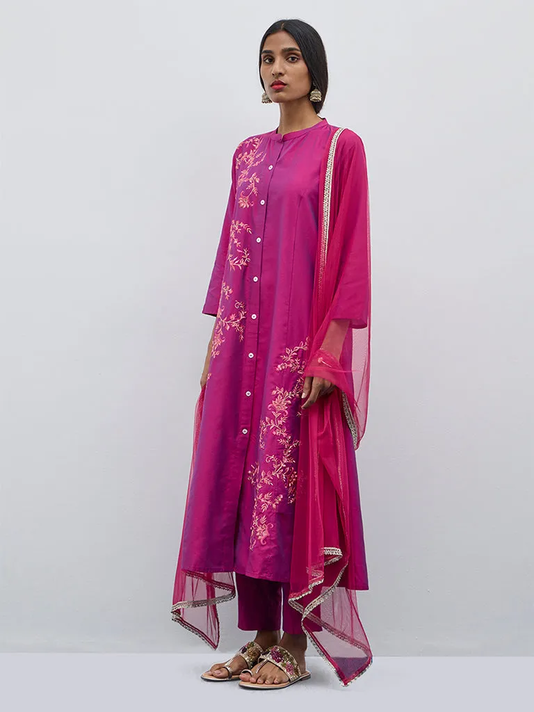 Vark Magenta Floral A-Line Kurta, Pants and Dupatta Set