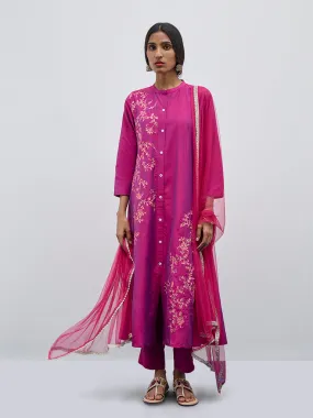 Vark Magenta Floral A-Line Kurta, Pants and Dupatta Set