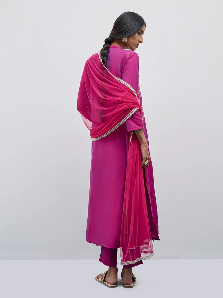 Vark Magenta Floral A-Line Kurta, Pants and Dupatta Set