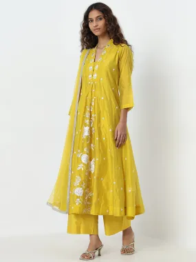 Vark Yellow Floral Embroidered Kurta, Pants and Dupatta Set