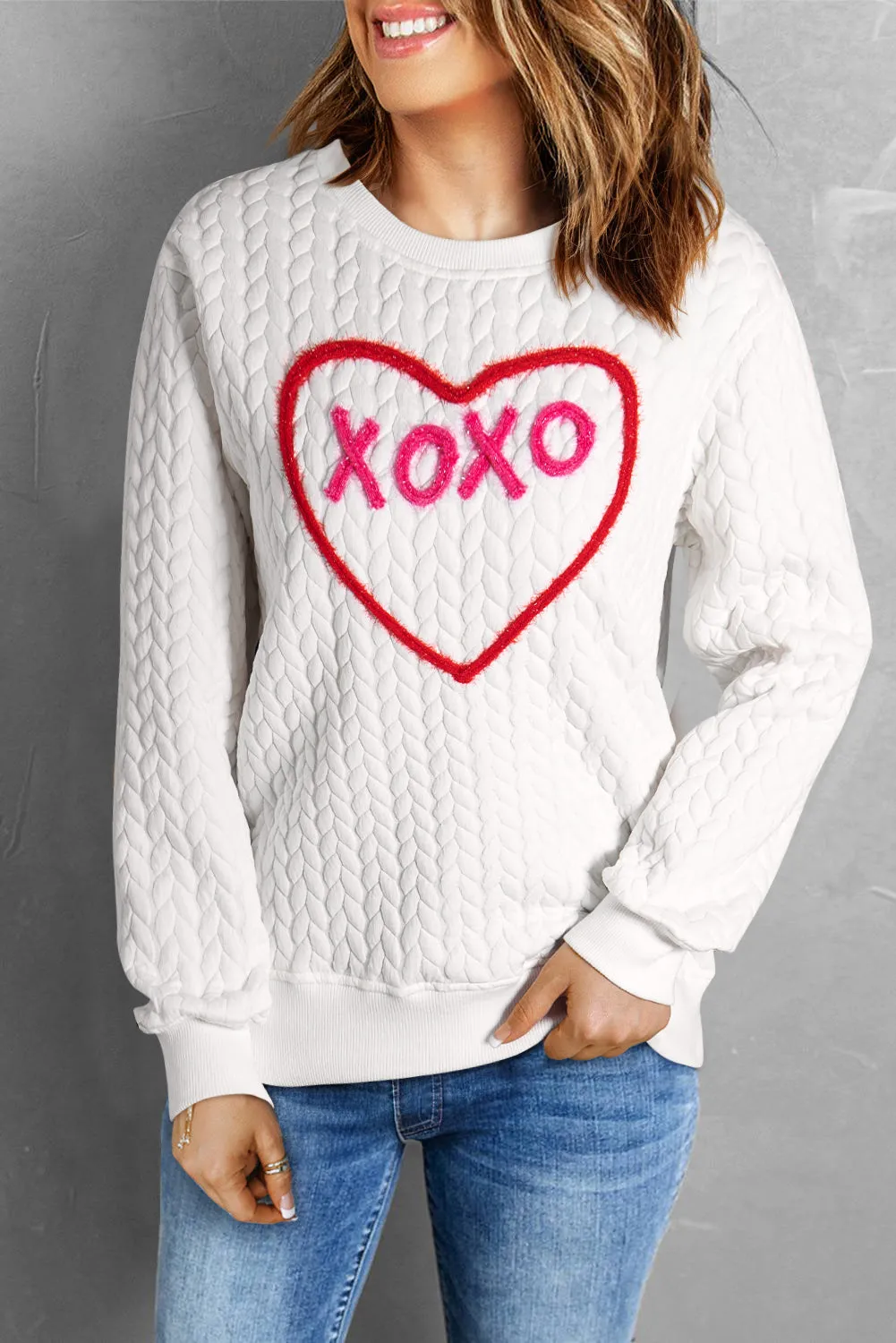 White Heart XOXO Chenille Embroidered Textured Sweatshirt