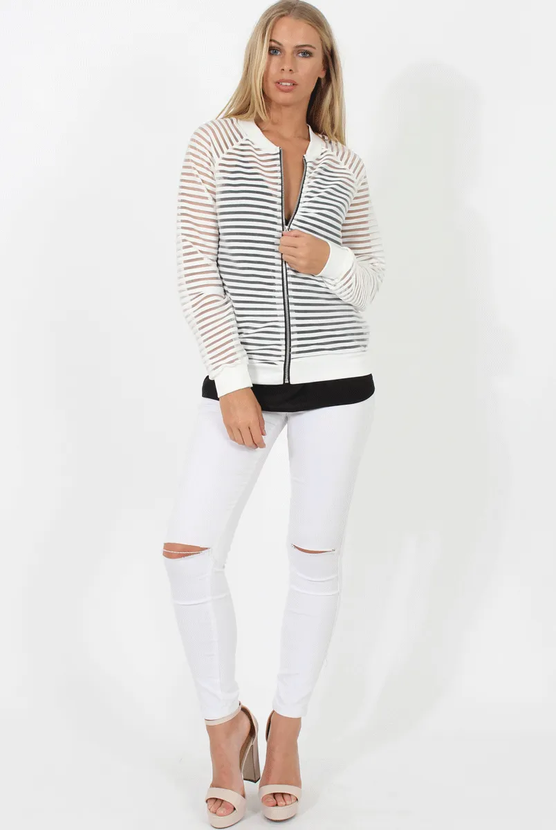 White Semi Sheer Bomber Jacket - Chante