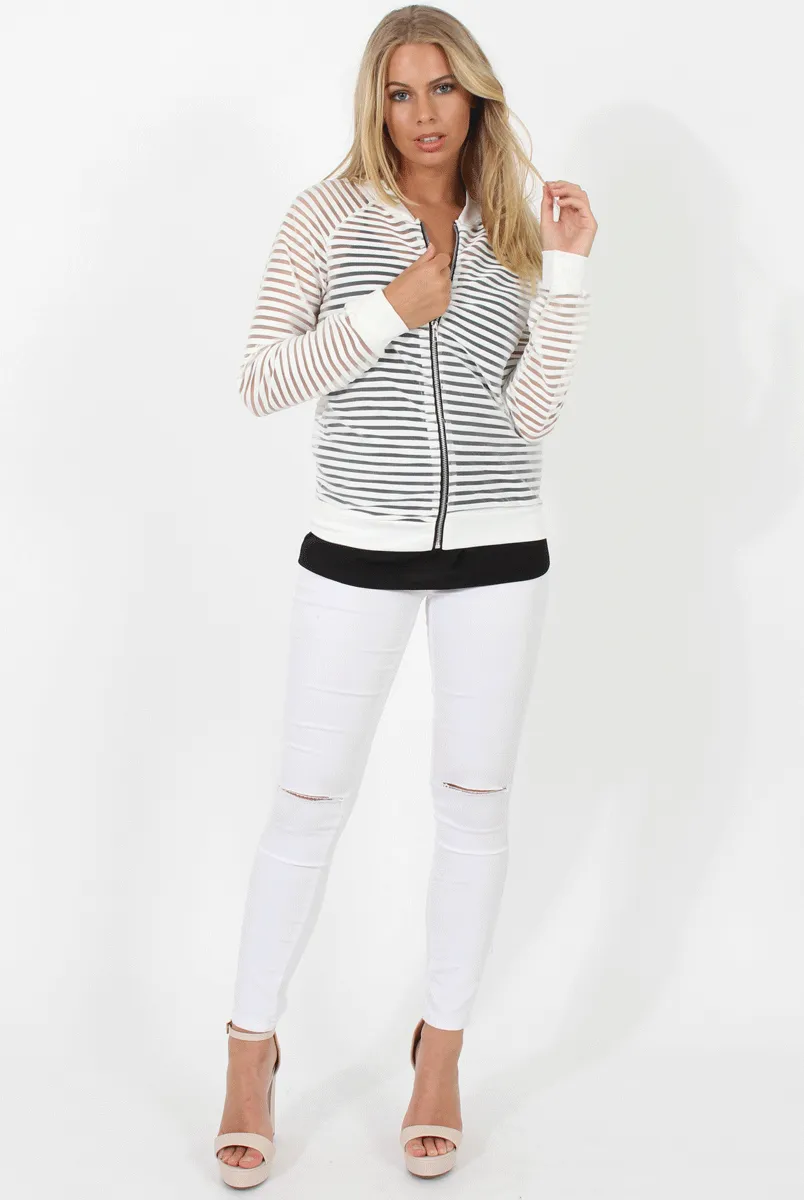 White Semi Sheer Bomber Jacket - Chante