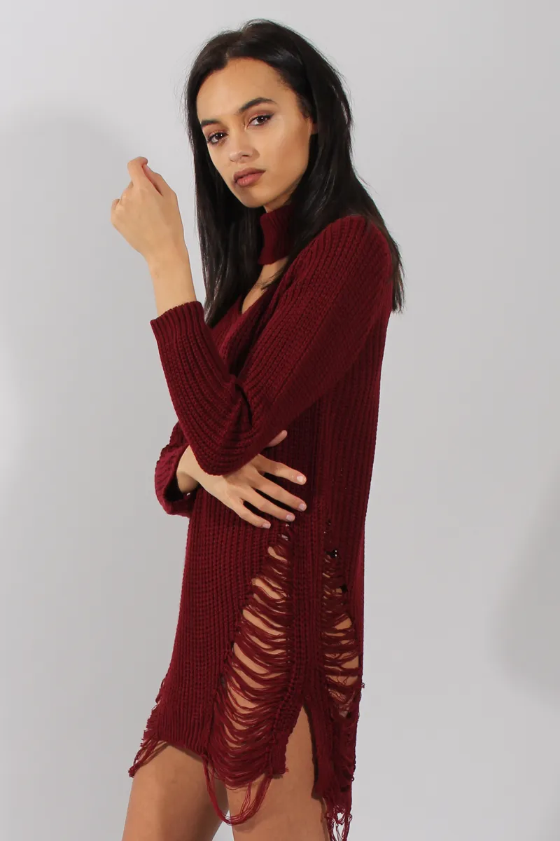 Wine High Neck Cut Out Distressed Jumper Dress - Adalyn