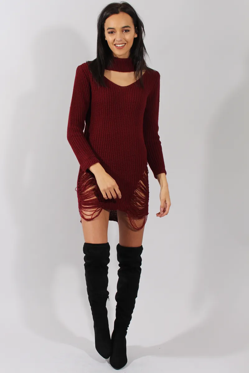 Wine High Neck Cut Out Distressed Jumper Dress - Adalyn