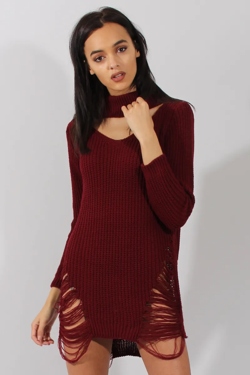 Wine High Neck Cut Out Distressed Jumper Dress - Adalyn