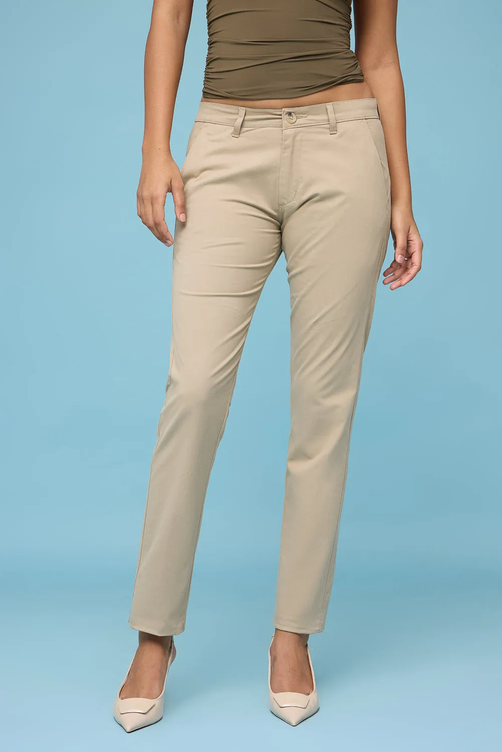 Women's Beige Cotton Lycra Pants