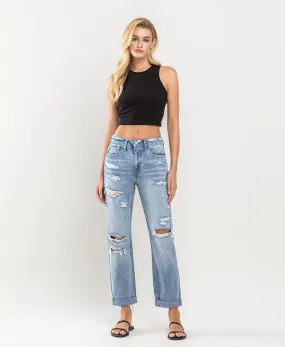 Worn Blue - High Rise Cuffed Distressed Rigid Boyfriend Jeans