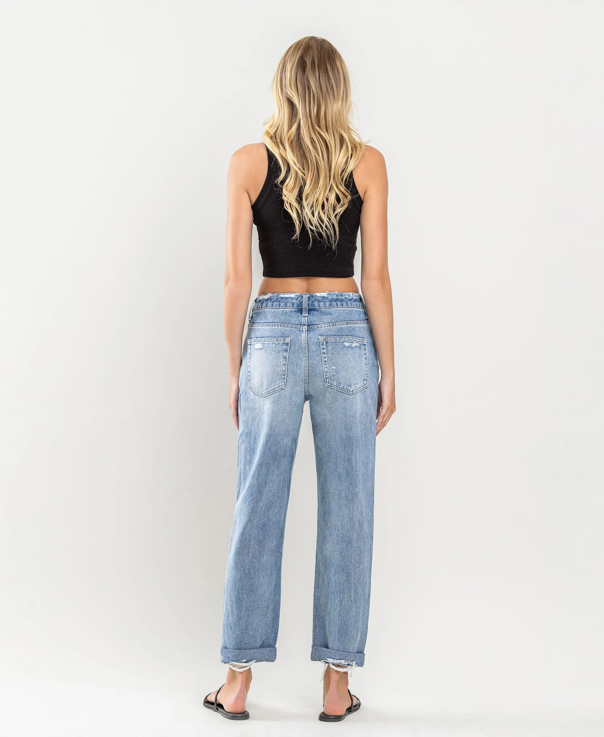 Worn Blue - High Rise Cuffed Distressed Rigid Boyfriend Jeans